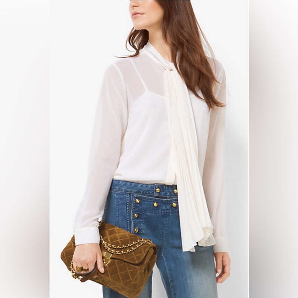 Beautiful Michael Kors Pleated Chiffon Tie-Neck Blouse